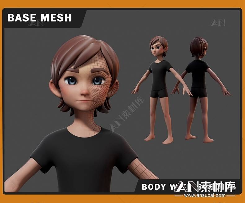 Zbrush程式化男女小孩基础模型萝莉萌娃模型制作zb角色雕刻zb卡通 An素材库